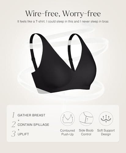 Wireless Push Up Bra Seamless Bras for Women Comfy Supportive Bralettes Deep V Comfortable Tshirt Bras No Underwire Black - Thumbnail 4