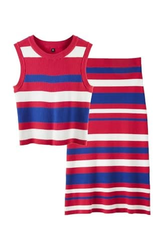 Arach&Cloz Women's Two Piece Sets 2025 Sweater Bodycon Dresses Summer Outfits Tank Top and Midi A-Line Skirt Stripe Knit Fall Suits (Dark Red-Navy XL) - Thumbnail 6