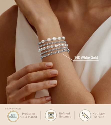 adoyi Silver Beaded Bracelets for Women, 14K Gold Plated Bead Bracelets Stack Trendy Stackable Bracelet Set Strand Stretch Pearl Ball Bracelet Bracelet Set Jewelry Set for Women Gift - Thumbnail 5