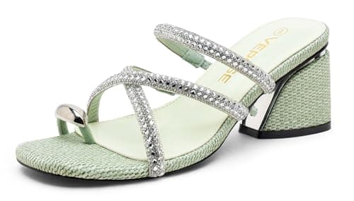 Vepose Women's Green Heeled Sandals 3 Inch Chunky Block Raffia Heels - Rhinestone Strappy Open Toe Slip On Shoes for Wedding Guest and Prom Dressy Daily Wear, Size 11 US (CJY6122 green 11) - Image 1