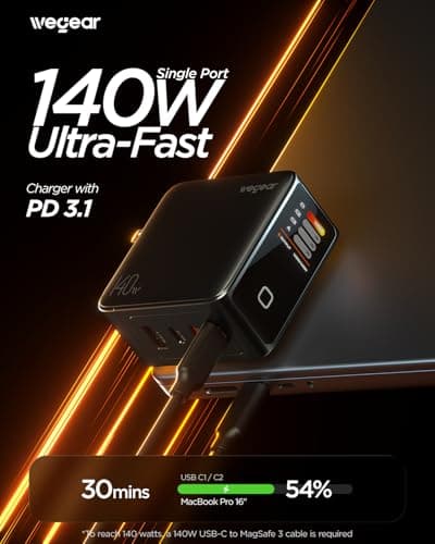 wegear 140W GaN USB C Charger Block, 4-Port PD3.1 Fast Wall Charger with Smart Display & Touch Control, Foldable Power Adapter with 240W USB-C Cable for MacBook Pro, iPhone 17/16, iPad, Galaxy S25/S24 - Thumbnail 2