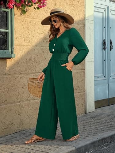 LOOKBOHO Womens Long Sleeve Jumpsuits Dressy Casual 2026 V Neck High Waist One Piece Outfits Wide Leg Romper Green X-Large - Thumbnail 5