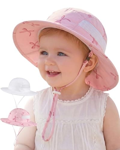 Sun Hat for Baby Boys Girls Toddler and Kids UPF 50+ with Bucket Wide Brim Summer (US, Age, 0 Months, 6 Months, White + Pink Bow) - Image 1