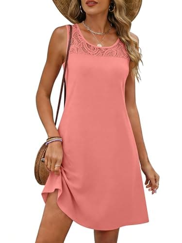 ANRABESS Womens Summer Dresses Lace Crew Neck Sleeveless Sundress 2026 Mini Tank Dress Boho Beach Cover Ups with Pockets Coral X-Large