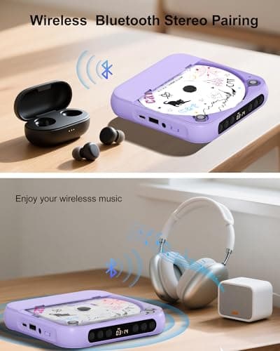 ENVYCLOUD CD Player Portable with Dual Stereo Speakers, Rechargeable Portable CD Player with Bluetooth for Home with Headphones, Support CD/AUX/USB, Purple - Thumbnail 4