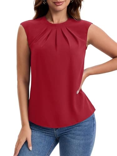 Funlingo Womens Summer Tops 2026 Dressy Casual Short Cap Sleeve Shirts Crew Neck Office Work Blouses Business Formal Outfits Red S - Thumbnail 2