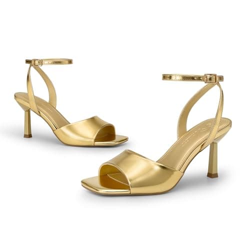 Athlefit Gold Heels for Women Dressy Summer Stiletto High Heels Square Open Toe Ankle Strap Sexy Wedding Prom Heeled Sandals Size 10 - Thumbnail 6