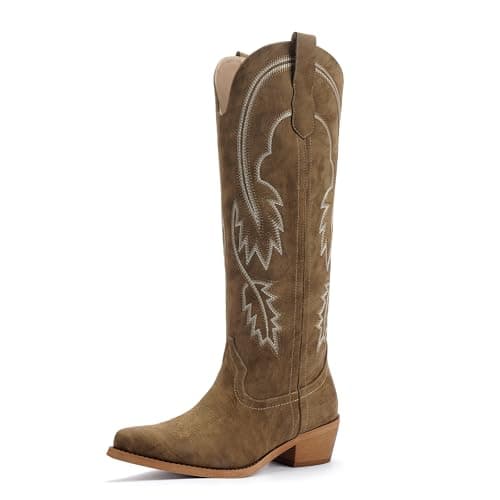 QIY Cowboy Boots Women Knee High Brown Camel Cowgirl Boots Tan Cow Girl Western Pointed Toe Slip on Chunky Heel Nashville Embroidered Boot Size 10 - Image 1