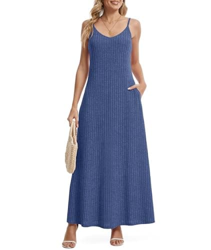 LILBETTER Women's Sexy V Neck Style Maxi Dress Summer Flowy Beach Long Dress Adjustable Straps(Blue Large) - Image 1