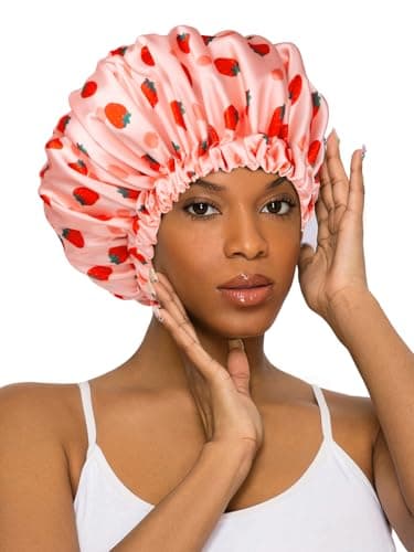 Vettres Silk Hair Bonnet for Sleeping with Scrunchie Adjustable Sleep Bonnets Double Layer Satin Sleep Cap for Curly Hair Strawberries - Thumbnail 2