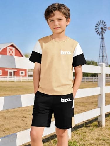GEMLON Boys Clothes Size 6 5 Color Block T Shirts Cotton Shorts Sets Letter Print Clothing Set Soccer Boys Outfits - Thumbnail 2