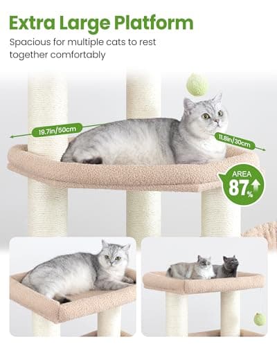 Cat Tree Tower for Large Cats Adult - 60 Inch XXL Sturdy Heavy Duty Extra Wide Scratching Posts (φ4.4in) Condo - Indoor Big Cat House Hammock Perch - XL Wood Multi Level Feline Pet Bed Trees Houses - Thumbnail 2