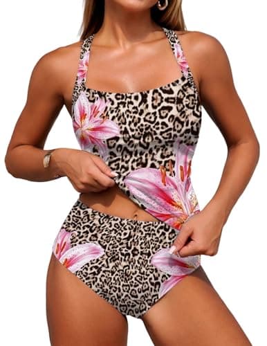 ZAFUL Women's Tankini Swimsuits Tummy Control Two Piece Swimsuit Ruched Tankini Bathing Suits Swimwear Leopard 2XL