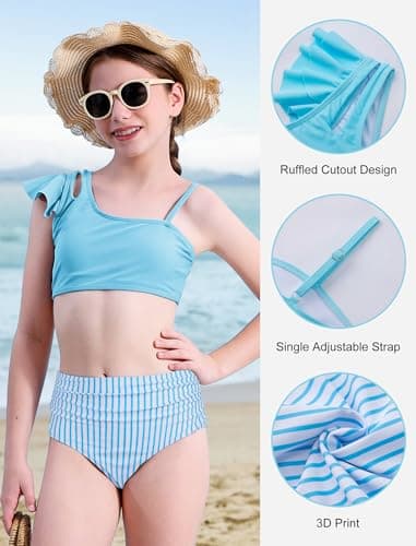 Seanrui Girls Swimsuits Size 10-12 Bikini Swimwear for Teens Kids Little Girls Bathing Suit with Swim Shorts Blue Stripes - Thumbnail 5