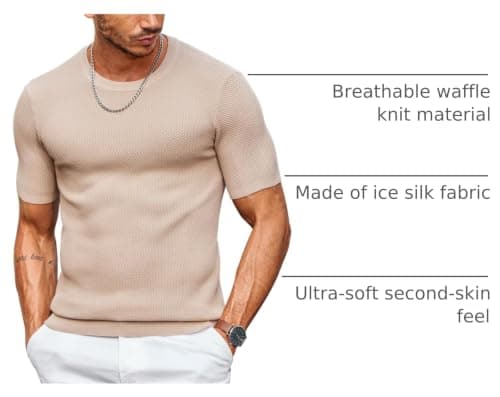 COOFANDY Mens Knit T Shirts Crewneck Dress Shirts Short Sleeve Under T Shirt Summer Resort Wear Khaki - Thumbnail 4