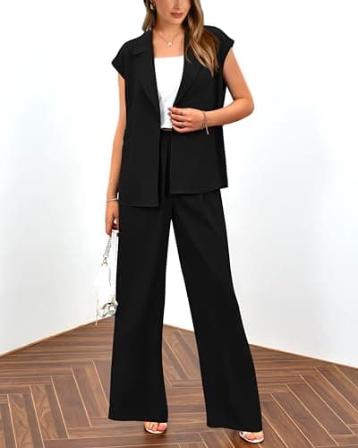 PRETTYGARDEN Women Summer Outfits 2025 Trendy Tank Tops Flowy Long Blazer Pant Suit 2 Piece Fashion Wedding Club Outfit(Solid Black,Small) - Thumbnail 4