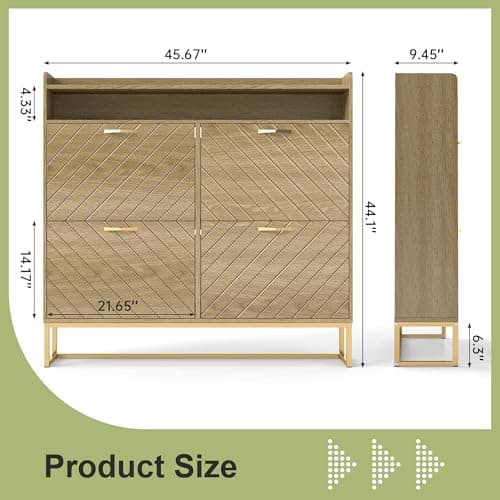 Hadulcet Hidden Shoe Cabinet with 4 Flip Drawers, Long Wood Shoe Storage Cabinet for Entryway Closet, Narrow Freestanding Shoe Rack Organizer w/Adjustable Shelves, Metal Legs, Cupboard, Natural Wood - Thumbnail 2