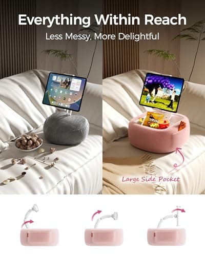 LULULOOK Tablet Pillow Stand, Compatible with iPad, iPhone and 4.7-14.6”Tablet, 360° Adjustable Kindle Pillow Stand for Bed with Ultra Fluffy Fabric & Snack Bowl (Snug Pink) - Thumbnail 3