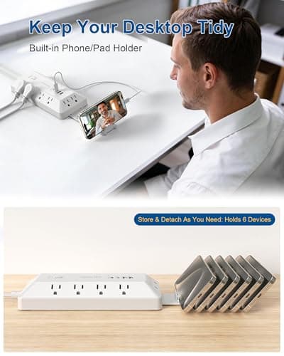 6 Ft Surge Protector Power Strip with 1800J, Extension Cord with Multiple Outlets 12AC+4USB(2USB-C Port for 20W), Flat Plug Outlet Extender with 1625W/13A for Laptop, Desk, Home Office Dorm - Thumbnail 6