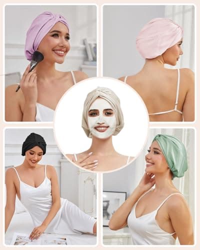 HFRHTGY Adjustable Silk Satin Hair Bonnet for Sleeping Women Hair Wrap, Double Layer Night Turban, Sleep Cap for Natural Curly Straight Unisex - Sky Blue - Thumbnail 5