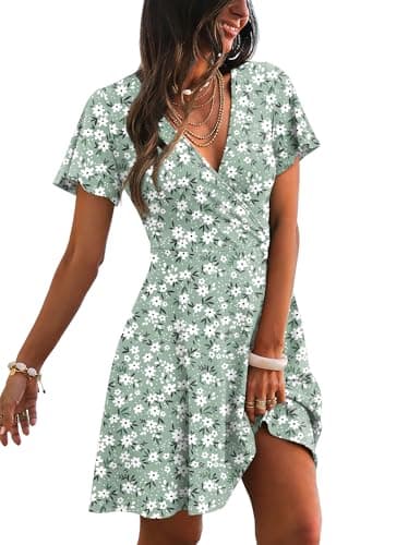 Green Dresses for Women 2026 Casual Wrap V Neck A Line St Patricks Day Sundresses Summer Outfits Green Dress Floral L - Image 1