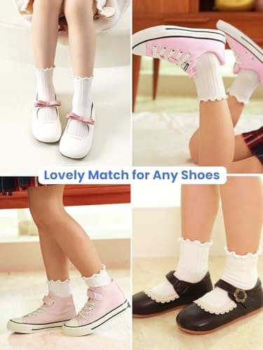 ALLOVIN 6 Pairs Non-Slip Ruffle Socks for Baby & Toddler Girls – Soft Cotton Grip Socks | Pure White/Off-White/Pink | 1-3 Years - Thumbnail 2