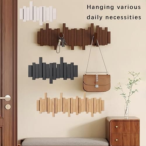 Key Holder Wall Mount, Splicable Wooden Piano Coat Rack Wall Mount, Modern Wall Art Flip Down Magnetic Hooks Wall Hook Hat Hanger for Entryway Key Holder Bedroom Kitchen (Black, 6 Hooks) - Thumbnail 4