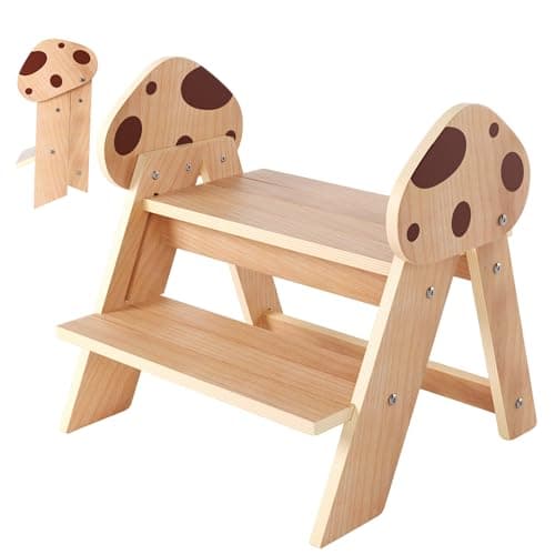 Novarieth Beech Wooden Toddler Step Stool, 2-Step Foldable Stool for Kids with Non-Slip Surface, Baby Bathroom Stool for Potty Training, Bathroom Sink, Kitchen Counter with Cute Mushroom Design