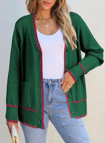 Dokotoo Long Cardigans for Women Open Front Lightweight Fashion Color Blocked Spring Twisted Knit Oversized Sweaters for Summer with Pockets,Blackish Green Small - Thumbnail 6