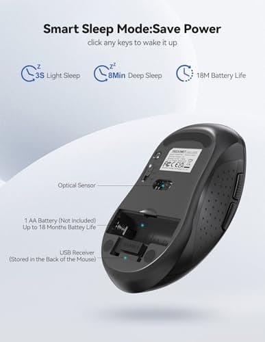 TECKNET Wireless Mouse for Laptop, 2.4G Ergonomic Optical Mouse Silent Bluetooth Mouse(BT5.0) 4000DPI Adjust, Computer Portable PC Quiet Mice with USB-A Receiver & 6 Buttons for Mac, 18 Months Battery - Thumbnail 6