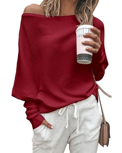 Zenlonr Women's Fall Sweaters 2026 Casual Long Batwing Sleeve Loose Off Shoulder Knit Pullovers Jumper Tops(Red,Small) - Image 1