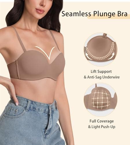 ZYQEXA Strapless Push Up Bras for Women - Underwire Supportive Plunge Convertible Halter Racerback Bralette Full Coverage Seamless Non Slip Workout Sexy Tshirt Invisible Bra, Coffee, 36D - Thumbnail 3