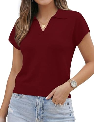 LaGracia Womens Cropped Short Sleeve Sweaters Business Casual Collared Polo Sweaters Lightweight Wool Blend Crop Tops Spring Summer Outfits DarkRed S - Image 1