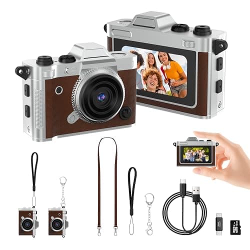 Dienspeak Tiny Digital Camera, Vintage Mini Keychain Camera for Teens & Beginners, Premium Leather Portable Small Camcorder with 16GB Card, 2K HD Video Recorder for Travel and Vlogging, Brown