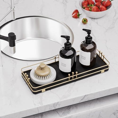 Pursura Bathroom Vanity Tray for Countertop Toiletries Perfume Makeup Soap Dispenser Toilet Tank, Kitchen Tray for Salt Spice, Decor Tray for Candle Nightstand Coffee 11.3”x 4.4” Black-Gold - Thumbnail 6