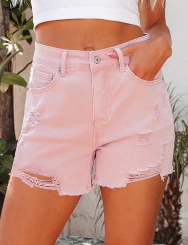 Luvamia High Waisted Women's Stretchy Denim Shorts Ripped Distressed Summer Casual Size 12, 14 Candy Pink - Thumbnail 5