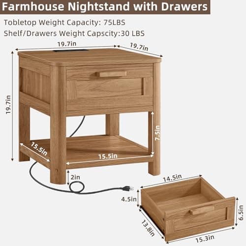 Joaxswe Farmhouse Night Stand Set of 2 with Charging Station, Brown - Thumbnail 3