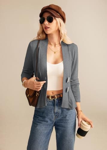 GRACE KARIN Women Cardigan Sweaters 2025 Fall,Long Sleeve Cropped Sweater Coat Trendy,Button Front Peplum Tops Lightweight Gray - Thumbnail 5