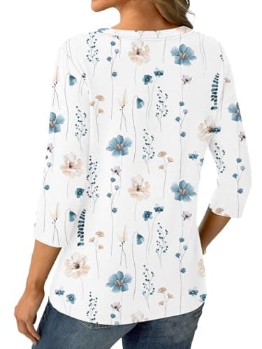 Womens Tops 3/4 Sleeve V Neck Spring Summer Work Tunic Shirts Business Dressy Casual Blouses White Floral - Thumbnail 5