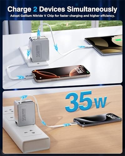 VIGOUC USB C Retractable Fast Charger, PD 35W Dual Port, Wall Adapter Foldable US Plug, Type C Lightning Cable, Compact GaN Charging Block for iPhone 17 16 15 / iPad Portable Travel Home Office - Thumbnail 2