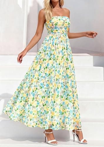 PRETTYGARDEN Women Strapless Maxi Dress 2026 Summer Floral Tube Top Ruched Beach Spring Wedding Guest Long Dresses (Floral White Light Green,X-Large) - Thumbnail 3