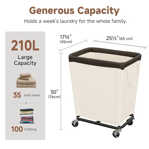 StorageWorks Basic Laundry Hamper with Wheels, 210L Large Rolling Laundry Basket, Heavy Duty Dirty Clothes Hamper for Home and Laundry Room, Beige - Thumbnail 2