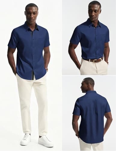PJ PAUL JONES Mens Casual Business Shirt Short Sleeve Dress Formal Shirts Lightweight Button Up Shirt Navy Blue M - Thumbnail 2