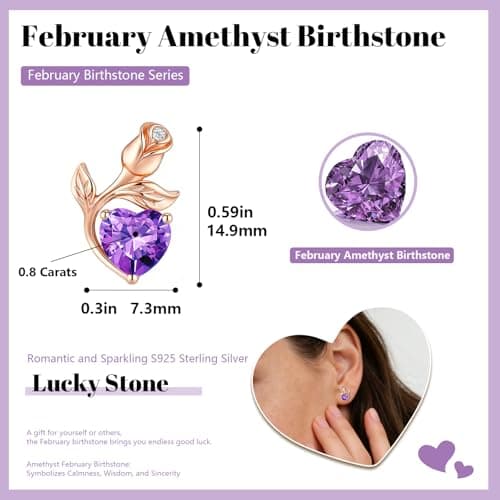 JACUPO 0.8CT Rose Heart Earrings Option of Sapphire Moissanite Stud Earrings Lab-Grown Earrings Birthstone Earrings for Women S925 Sterling Silver Post D Color VVS1 Clarity Ideal Gift for Wife Mother for Birthday Anniversary Valentine's Day Conveying I Love You Message (Feb Amethyst Rose Gold) - Thumbnail 2