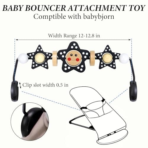 Baby Bjorn Bouncer Toy Bar Wooden Compatible with Baby Bjorn Bouncers, Attach Tight and Secure Fit, Easy to Remove, So Fun to Watch, Touch and Spin for Babies All Ages (Black and White Flower) - Thumbnail 5