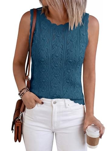 BTFBM Crochet Tank Tops for Women Hollow Out Sleeveless Loose Sweater Vest Top Summer Spring 2026 Beach Vacation Clothes(Dusty Blue, Large) - Thumbnail 4