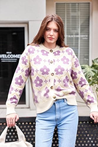 Saodimallsu Womens Flower Pattern Cardigan Lavender Sweaters Soft Long Sleeve Cardigans Vintage Button Knit Outwear 2025 - Thumbnail 2