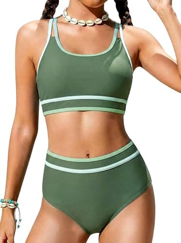 Tween Bathing Suit Swimsuits for Teens Girls Two Piece Sport Bikini Sets Trajes De Baño para Niñas Light Green Swim Color Block Adjustable Double Straps Top Bottoms Padded Modest Swimwear Size 16-18 - Image 1