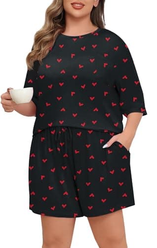 Lastshe Pajamas Set Women's Plus Size 2 Piece Soft Short Sleeve with Pockets Shorts Sleepwear Knit Pjs Loungewear Summer,Black Red Heart,2X - Thumbnail 3