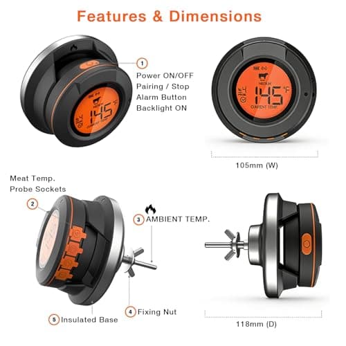 Acesidn Smart Pro Bluetooth BBQ Meat Thermometer for Grilling-Out Side Wireless Meat Temperature Monitor for Smoker-Waterproof- Includes 4 Meat Probes-Compitable for Kamado,Big Green Egg - Thumbnail 5